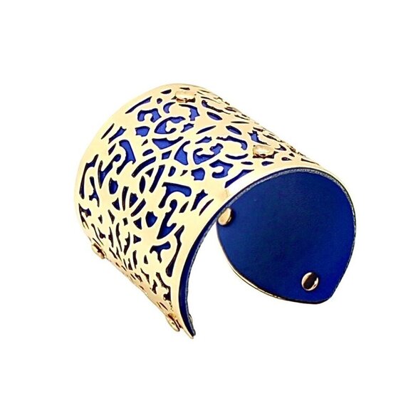 NEW Eye Candy LA Wide Cuff Bracelet Gold-Tone Filigree Overlay Blue Leather - Picture 1 of 8